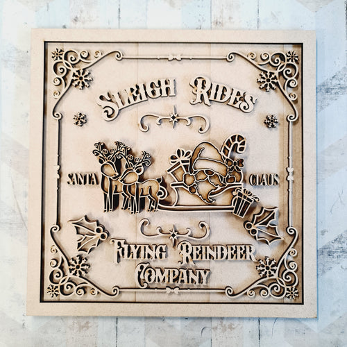 OL2310 - MDF Farmhouse Doodle Christmas - Square layered Plaque - Sleigh Rides - Olifantjie - Wooden - MDF - Lasercut - Blank - Craft - Kit - Mixed Media - UK