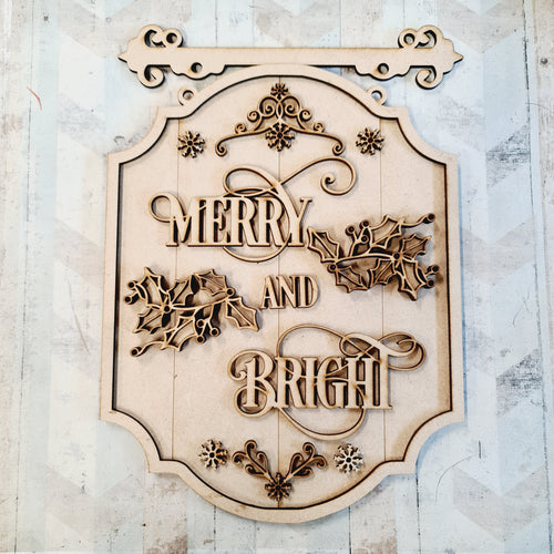 OL2301 - MDF Farmhouse Doodle Christmas - Hanging Sign Layered Plaque - Merry and Bright - Olifantjie - Wooden - MDF - Lasercut - Blank - Craft - Kit - Mixed Media - UK