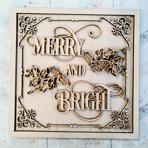 OL2314 - MDF Farmhouse Doodle Christmas - Square layered Plaque -  Merry And Bright - Olifantjie - Wooden - MDF - Lasercut - Blank - Craft - Kit - Mixed Media - UK