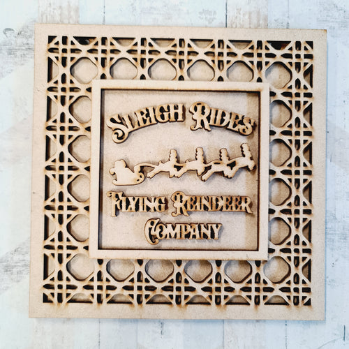 OL2292 - MDF Rattan effect square plaque Christmas Farmhouse Doodle - Sleigh Rides - Olifantjie - Wooden - MDF - Lasercut - Blank - Craft - Kit - Mixed Media - UK