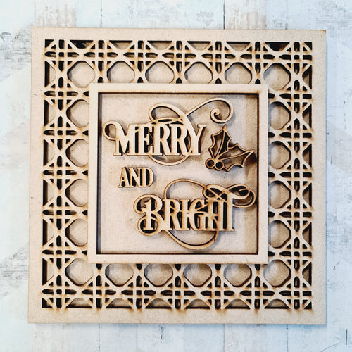 OL2288 - MDF Rattan effect square plaque Christmas Farmhouse Doodle - Merry and Bright - Olifantjie - Wooden - MDF - Lasercut - Blank - Craft - Kit - Mixed Media - UK