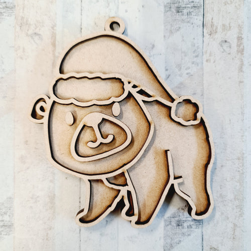 OL2057- MDF Doodle Christmas Woodland Hanging - Bear 3 Hat - with or without banner - Olifantjie - Wooden - MDF - Lasercut - Blank - Craft - Kit - Mixed Media - UK