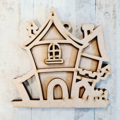 OL2360 - MDF Doodle Halloween Hanging - Haunted House - With or Without Banner - Olifantjie - Wooden - MDF - Lasercut - Blank - Craft - Kit - Mixed Media - UK