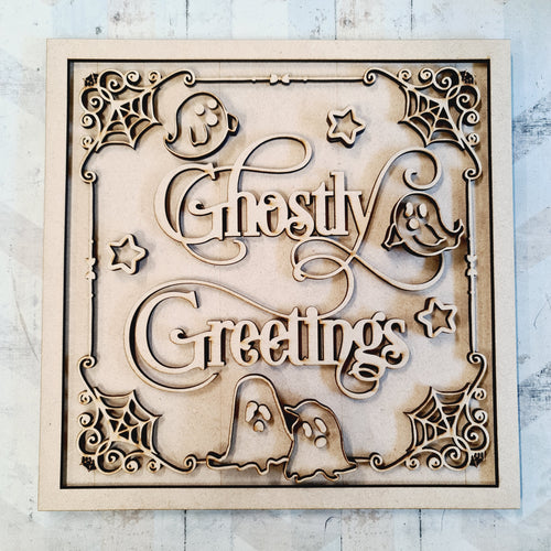 OL2322 - MDF Farmhouse Doodle Halloween  - Square layered Plaque - Ghostly Greetings - Olifantjie - Wooden - MDF - Lasercut - Blank - Craft - Kit - Mixed Media - UK