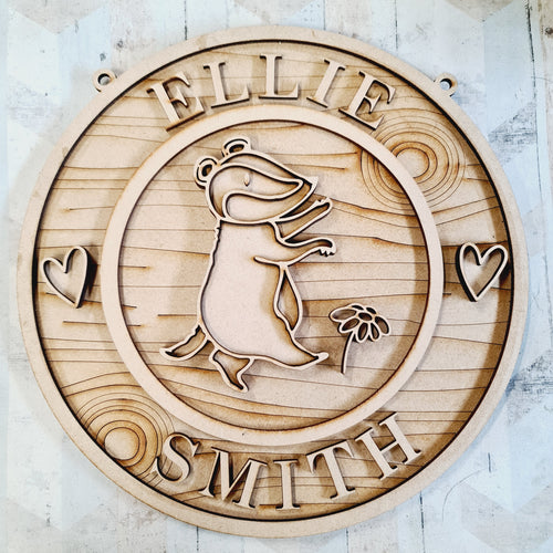 OL1625 - MDF Woodland  doodle Circle Personalised Plaque - Badger - Olifantjie - Wooden - MDF - Lasercut - Blank - Craft - Kit - Mixed Media - UK