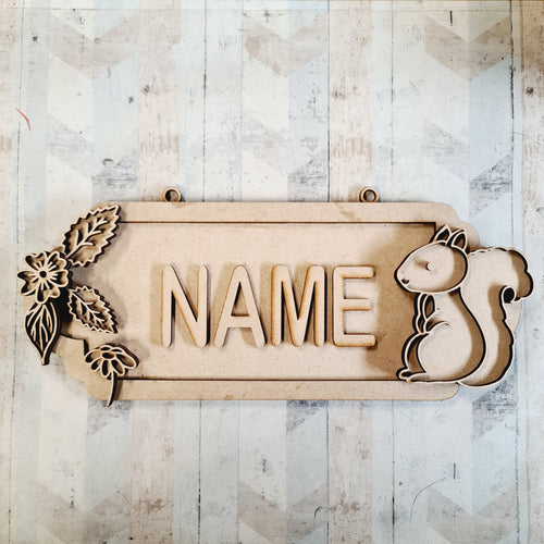 SS168 - MDF Doodle Woodland Animals - Squirrel Personalised Street Sign - Medium (8 letters) - Olifantjie - Wooden - MDF - Lasercut - Blank - Craft - Kit - Mixed Media - UK