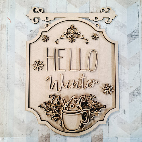 OL2303 - MDF Farmhouse Doodle Christmas - Hanging Sign Layered Plaque - Hello Winter - Olifantjie - Wooden - MDF - Lasercut - Blank - Craft - Kit - Mixed Media - UK