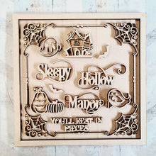 OL2321 - MDF Farmhouse Doodle Halloween  - Square layered Plaque - Sleepy Hollow Manor - Olifantjie - Wooden - MDF - Lasercut - Blank - Craft - Kit - Mixed Media - UK