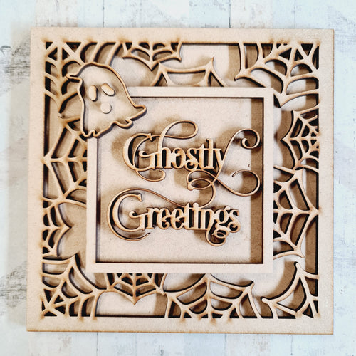 OL2377 - MDF Rattan Effect Square Plaque Halloween Doodle -  Ghostly Greetings - Olifantjie - Wooden - MDF - Lasercut - Blank - Craft - Kit - Mixed Media - UK