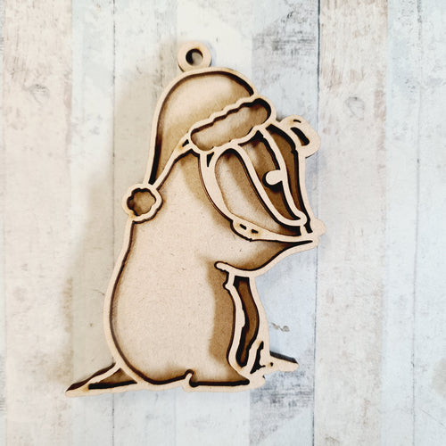 ol2061- MDF Doodle Christmas Woodland Hanging - Badger 1 Hat - with or without banner - Olifantjie - Wooden - MDF - Lasercut - Blank - Craft - Kit - Mixed Media - UK