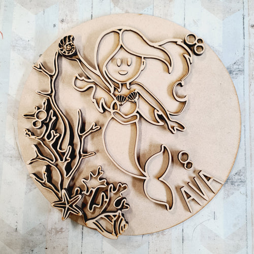 OL2401 - MDF Mermaid Doodles - Round  Scene Personalised Layered Plaque - Mermaid Style 3 - Olifantjie - Wooden - MDF - Lasercut - Blank - Craft - Kit - Mixed Media - UK