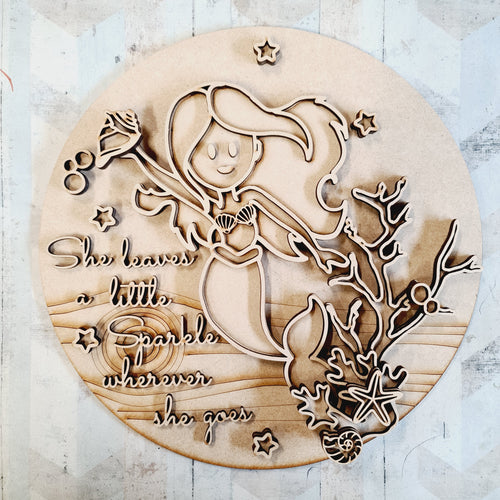 OL2402 - MDF Mermaid Doodles - Round  Scene Layered Plaque ‘she leaves a little sparkle’ Mermaid Style 2 - Olifantjie - Wooden - MDF - Lasercut - Blank - Craft - Kit - Mixed Media - UK