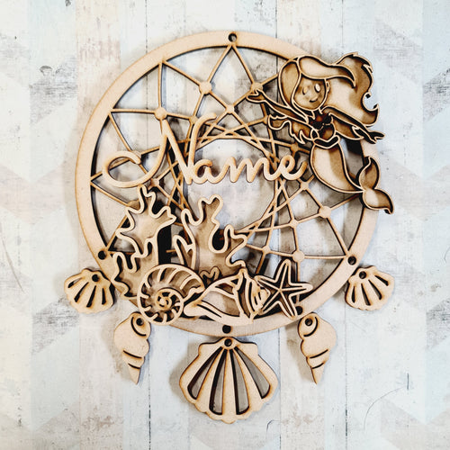DC102 - MDF Doodle Mermaid Dream Catcher Style 1 - with Initial or Wording - Olifantjie - Wooden - MDF - Lasercut - Blank - Craft - Kit - Mixed Media - UK