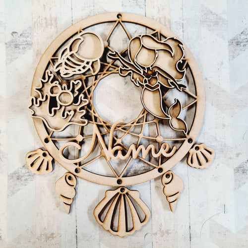 DC103 - MDF Doodle Mermaid Dream Catcher Style 2 - with Initial or Wording - Olifantjie - Wooden - MDF - Lasercut - Blank - Craft - Kit - Mixed Media - UK