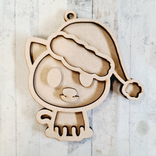 OL2416 - MDF Doodle Animal Hanging - Cat Santa Hat - With or Without Banner - Olifantjie - Wooden - MDF - Lasercut - Blank - Craft - Kit - Mixed Media - UK