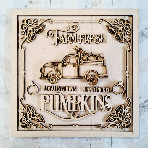 OL2424 - MDF Farmhouse Doodle Halloween  - Square layered Plaque -  Farm Fresh Pumpkin Truck - Olifantjie - Wooden - MDF - Lasercut - Blank - Craft - Kit - Mixed Media - UK