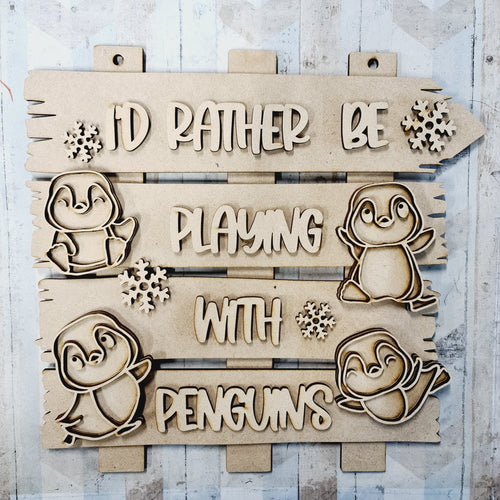 OL2479 - MDF Doodle Penguin - I'd rather play with penguins' - Olifantjie - Wooden - MDF - Lasercut - Blank - Craft - Kit - Mixed Media - UK