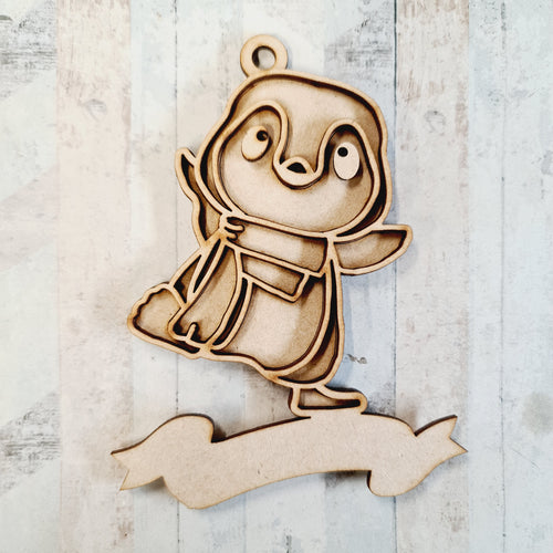 OL2436 - MDF Doodle Penguin Hanging - Style 8 - With or Without Banner - Olifantjie - Wooden - MDF - Lasercut - Blank - Craft - Kit - Mixed Media - UK