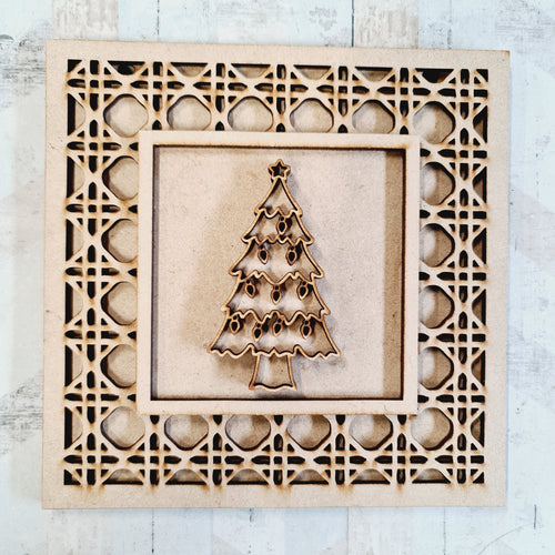 OL2073 - MDF Rattan effect square plaque Christmas doodle - Christmas Tree - Olifantjie - Wooden - MDF - Lasercut - Blank - Craft - Kit - Mixed Media - UK