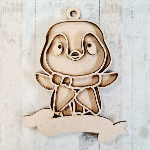 OL2438 - MDF Doodle Penguin Hanging - Style 10 - With or Without Banner - Olifantjie - Wooden - MDF - Lasercut - Blank - Craft - Kit - Mixed Media - UK