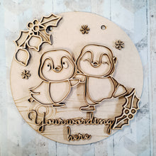 OL2448 - MDF Christmas Doodle Penguin Circle  Plaque - Your wording- Dancing Penguins - Olifantjie - Wooden - MDF - Lasercut - Blank - Craft - Kit - Mixed Media - UK