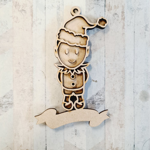 OL2487 - MDF Doodle Boy Elf Bauble - With or Without Banner - Olifantjie - Wooden - MDF - Lasercut - Blank - Craft - Kit - Mixed Media - UK