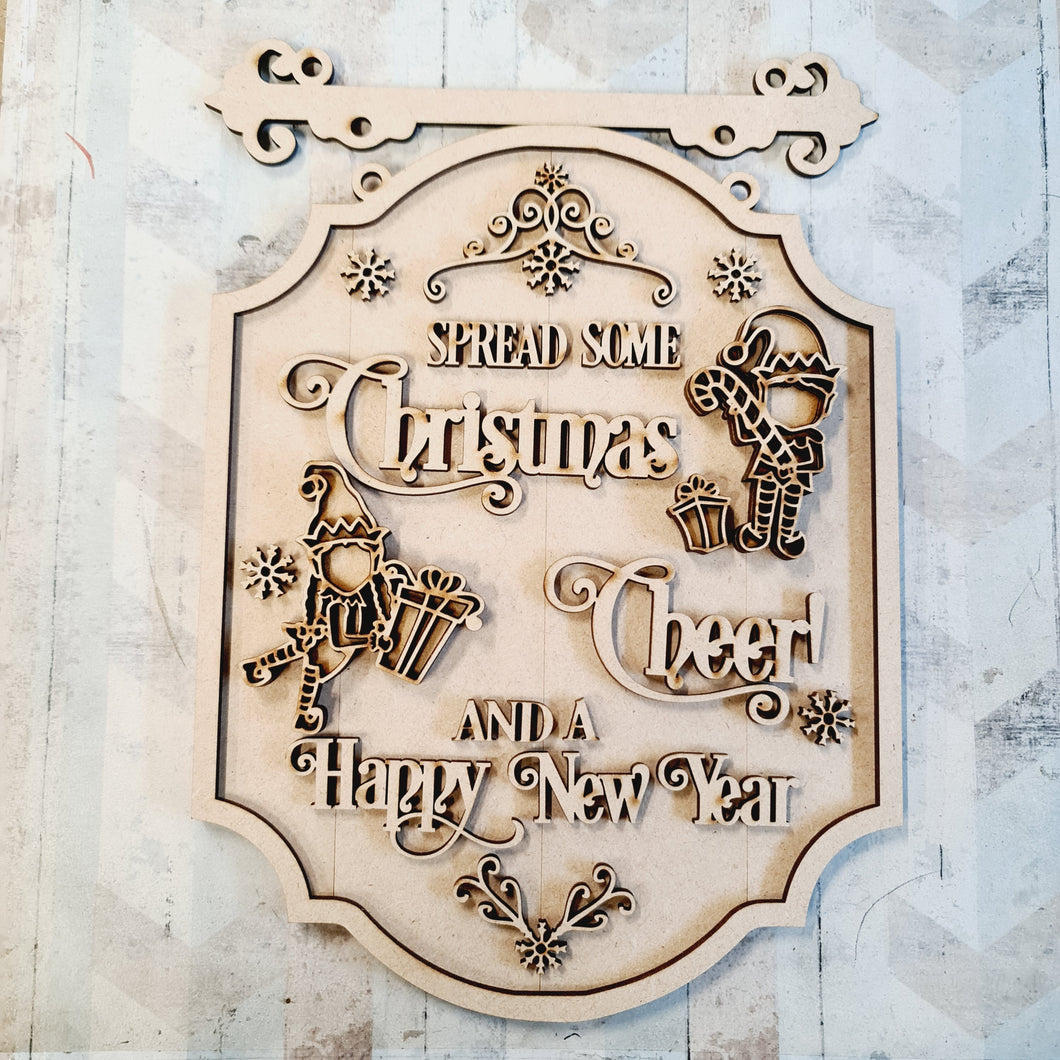 OL2841 - MDF Elf Doodle Christmas - Hanging Sign Layered Plaque - Spread some Christmas Cheer - Olifantjie - Wooden - MDF - Lasercut - Blank - Craft - Kit - Mixed Media - UK