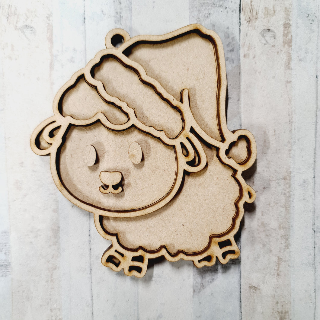 OL2571 - MDF Doodle Animal Hanging - Sheep with Santa Hat - With or Without Banner - Olifantjie - Wooden - MDF - Lasercut - Blank - Craft - Kit - Mixed Media - UK