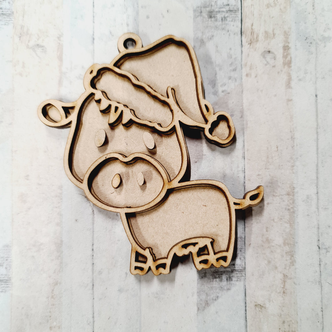 OL2572 - MDF Doodle Animal Hanging - Cow with Santa Hat - With or Without Banner - Olifantjie - Wooden - MDF - Lasercut - Blank - Craft - Kit - Mixed Media - UK