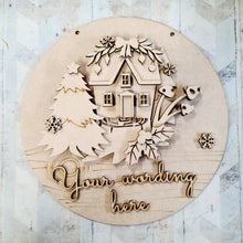 OL2560 - MDF Christmas Farmhouse Circle  Plaque - Your wording - Woodland Cottage - Olifantjie - Wooden - MDF - Lasercut - Blank - Craft - Kit - Mixed Media - UK