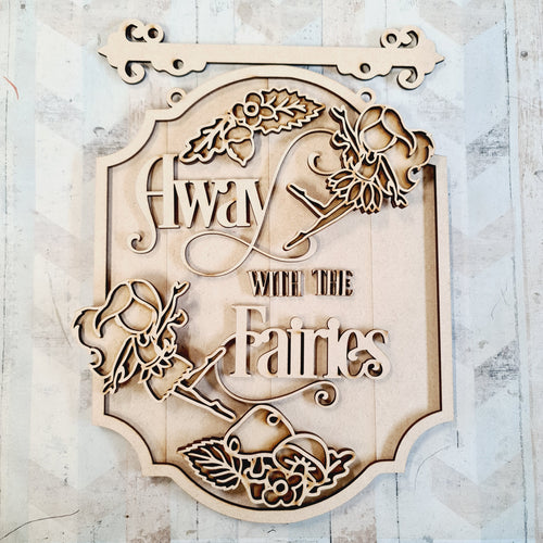 OL2579 - MDF Fairy Doodles - Hanging layered Sign - 'Away with the Fairies' - Olifantjie - Wooden - MDF - Lasercut - Blank - Craft - Kit - Mixed Media - UK