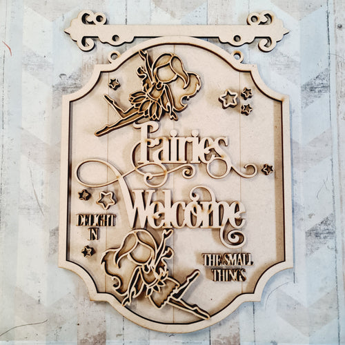 OL2578 - MDF Fairy Doodles - Hanging layered Sign - 'Fairies Welcome' - Olifantjie - Wooden - MDF - Lasercut - Blank - Craft - Kit - Mixed Media - UK