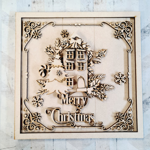 OL2550 - MDF Farmhouse Christmas - Square layered Plaque -  Tall House - wording options - Olifantjie - Wooden - MDF - Lasercut - Blank - Craft - Kit - Mixed Media - UK