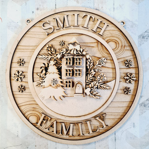 OL2566 - MDF Christmas Farmhouse Framed Circle  Plaque - Your wording - Tall House - Olifantjie - Wooden - MDF - Lasercut - Blank - Craft - Kit - Mixed Media - UK