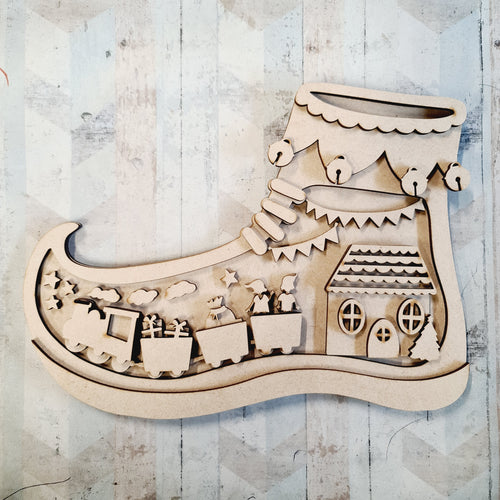 SJ495 - MDF Sarah Jane Christmas Elf Shoe Train House Scene - Olifantjie - Wooden - MDF - Lasercut - Blank - Craft - Kit - Mixed Media - UK