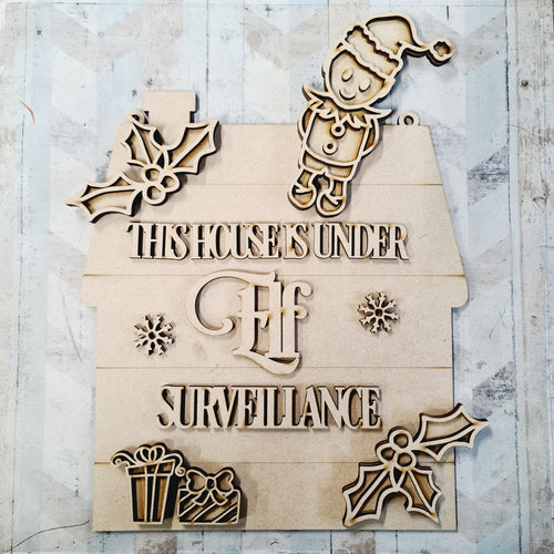 OL2484 - MDF Doodle Elves - 'This house is under elf surveillance' - Boy - Olifantjie - Wooden - MDF - Lasercut - Blank - Craft - Kit - Mixed Media - UK