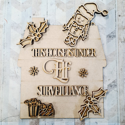 OL2485 - MDF Doodle Elves - 'This house is under elf surveillance' - Girl - Olifantjie - Wooden - MDF - Lasercut - Blank - Craft - Kit - Mixed Media - UK