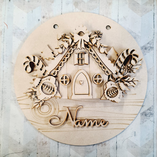 OL2561 - MDF Christmas Farmhouse Circle  Plaque - Your wording - Gingerbread House - Olifantjie - Wooden - MDF - Lasercut - Blank - Craft - Kit - Mixed Media - UK