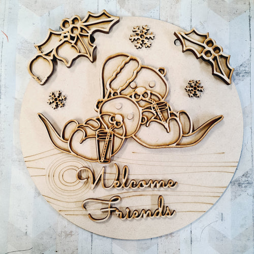 OL2474 - MDF Christmas Doodle Otter Circle  Plaque - Your wording- Merry Otters - Olifantjie - Wooden - MDF - Lasercut - Blank - Craft - Kit - Mixed Media - UK