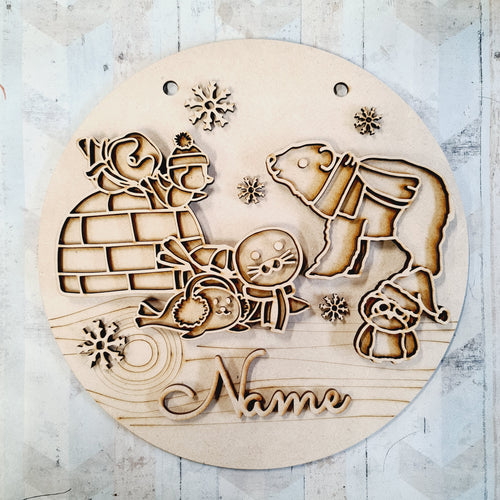 OL2476 - MDF Christmas Antartica Doodle Circle Plaque - Your wording- Animal Friends - Olifantjie - Wooden - MDF - Lasercut - Blank - Craft - Kit - Mixed Media - UK