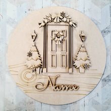 OL2589 - MDF Christmas Front Door Scene Circle Plaque - Your wording - Olifantjie - Wooden - MDF - Lasercut - Blank - Craft - Kit - Mixed Media - UK