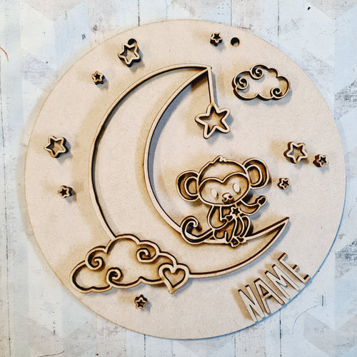 OL2905 - MDF Cute Animal Doodles - Round Scene Personalised Layered Plaque - Moon Monkey - Olifantjie - Wooden - MDF - Lasercut - Blank - Craft - Kit - Mixed Media - UK