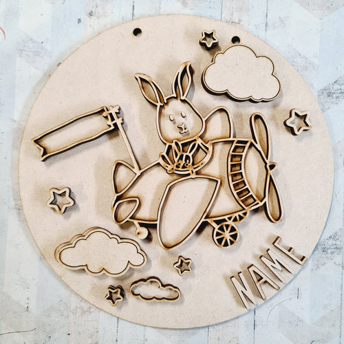 OL2873 - MDF Cute Animal  Doodles - Round  Scene Personalised Layered Plaque - Aeroplane Bunny Teddy - Olifantjie - Wooden - MDF - Lasercut - Blank - Craft - Kit - Mixed Media - UK