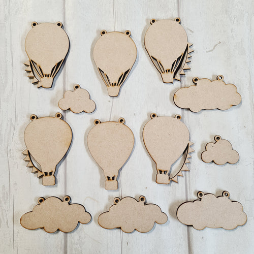 OL2861 - MDF set 12 shapes - Hot air balloon Theme - Olifantjie - Wooden - MDF - Lasercut - Blank - Craft - Kit - Mixed Media - UK