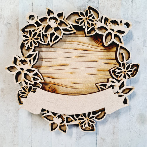 OL2829 - MDF Daffodil doodle Wreath Bauble hanging with backing - Olifantjie - Wooden - MDF - Lasercut - Blank - Craft - Kit - Mixed Media - UK