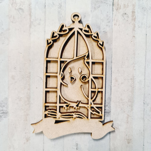 DN015 - MDF Doodle Budgie Birdcage Hanging - With or without Banner - Olifantjie - Wooden - MDF - Lasercut - Blank - Craft - Kit - Mixed Media - UK