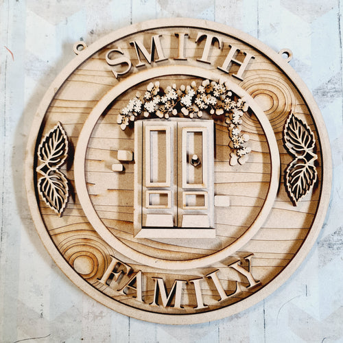 OL3007 - MDF Farmhouse Framed Circle  Plaque - Front Door Style 2 - Olifantjie - Wooden - MDF - Lasercut - Blank - Craft - Kit - Mixed Media - UK