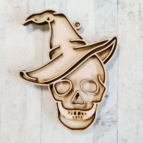 OL3191 - MDF Witch Skull Doodle Hanging with or without banner - Olifantjie - Wooden - MDF - Lasercut - Blank - Craft - Kit - Mixed Media - UK