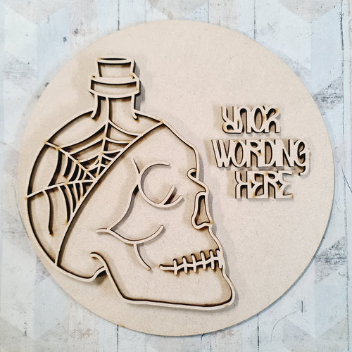 OL3185 - MDF Bottle Skull Plaque - Personalised - Olifantjie - Wooden - MDF - Lasercut - Blank - Craft - Kit - Mixed Media - UK