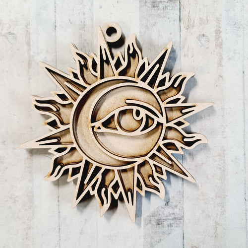 OL3182 - MDF Sun Moon Eye Doodle Hanging with or without banner - Olifantjie - Wooden - MDF - Lasercut - Blank - Craft - Kit - Mixed Media - UK